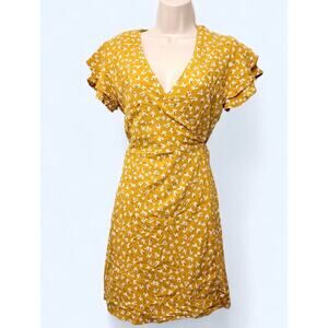 Mustard Yellow Ditsy Floral Print Wrap Dress Tie Back Waist
